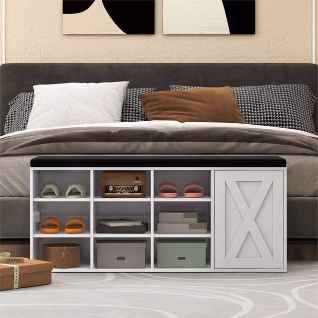 NESTLUNE 9-Cube Shoe Storage Bench and Rack in White, W/D/H: 100 x 15 x 49 cm