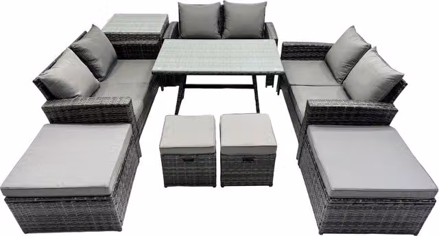 Fimous 10-Seater PE Rattan Outdoor Dining Set with Rectangular Tempered Glass Table in Dark Grey Mixed