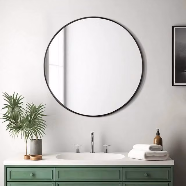 Lifeideas Minimalist Round Black Metal and Glass Bathroom Wall Mirror, Diameter: 70 cm