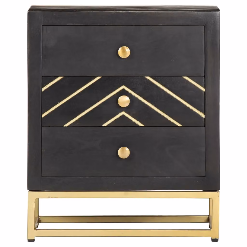 Berkfield Home Black and Gold Solid Mango Wood Bedside Cabinet W/D/H: 40 x 30 x 50 cm – 2