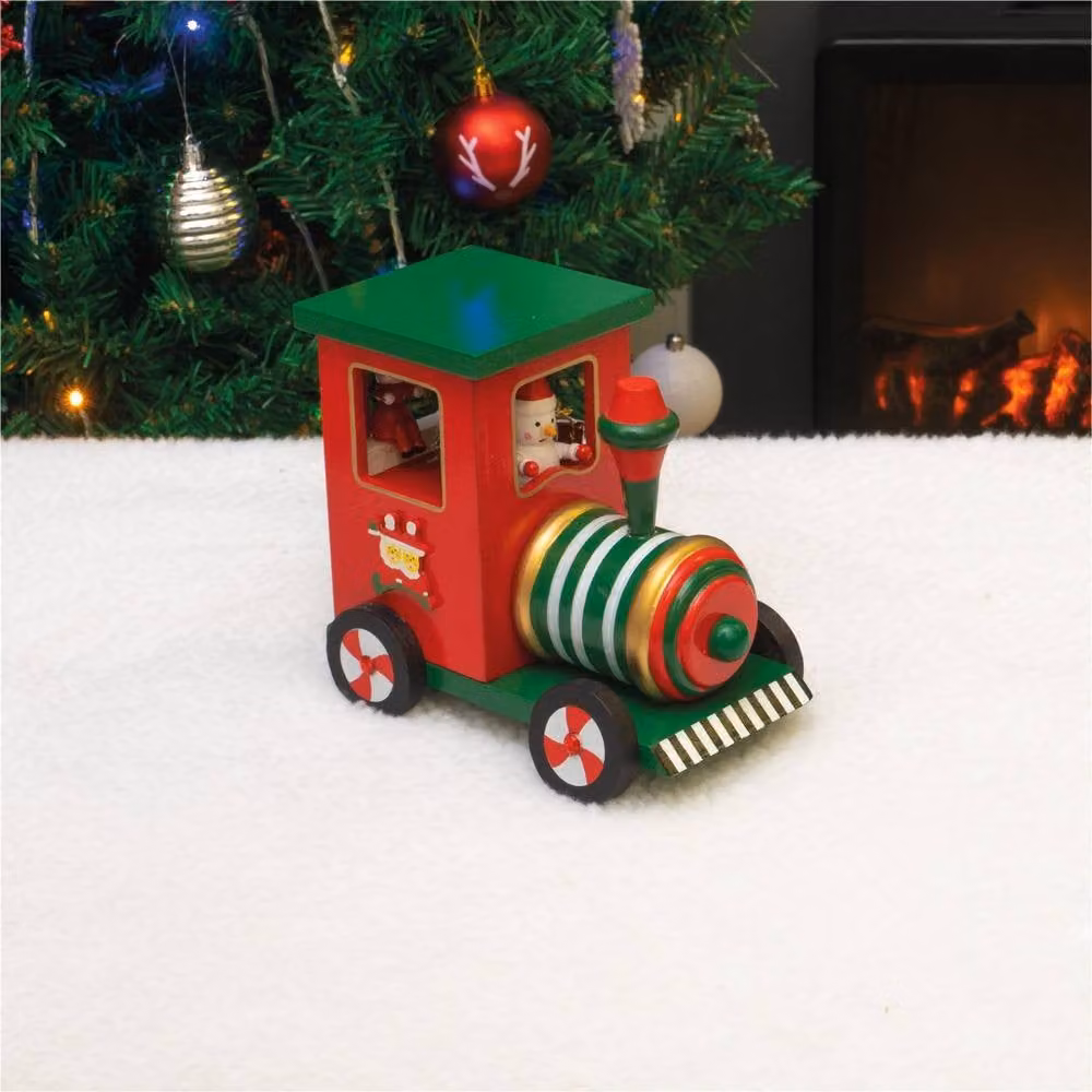 mysmartbuy Vintage Wooden Christmas Train Wind-Up Music Box in Red and Green – 3