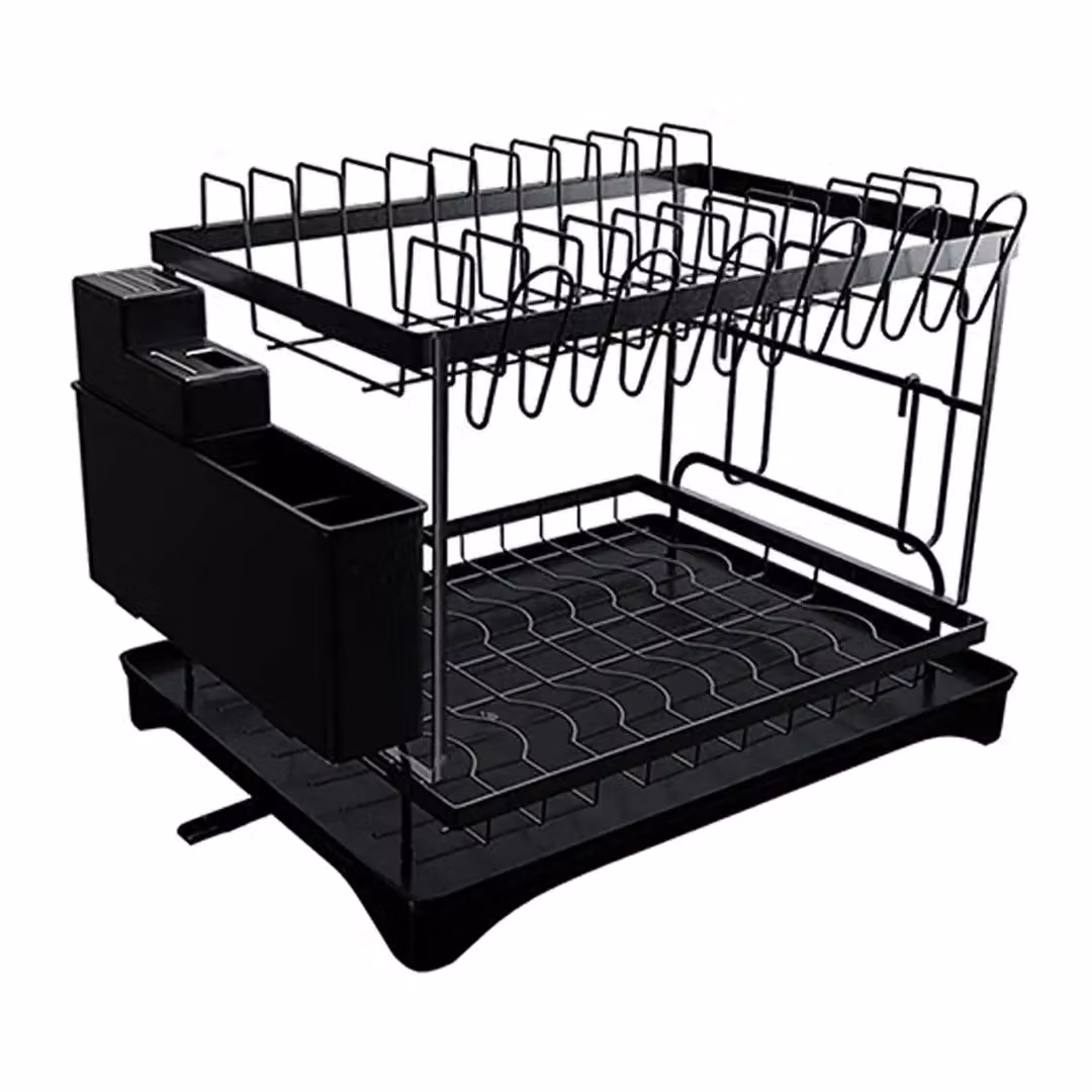 Kelvenix 2 Tier Black Kitchen Sink Dish Drainer Rack with Cutlery Holder, W/D/H: 42.0 x 30.0 x 29.0 cm – 2