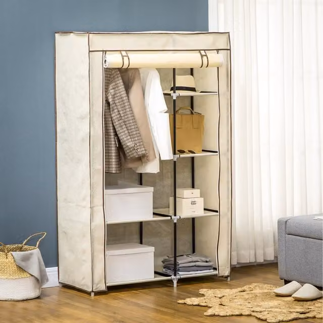 HOMCOM Modern Portable Wardrobe with 6 Shelves and Hanging Rail in Beige and White