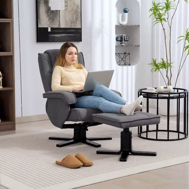HOMCOM Swivel Recliner Armchair with Footstool in Charcoal Grey Velvet