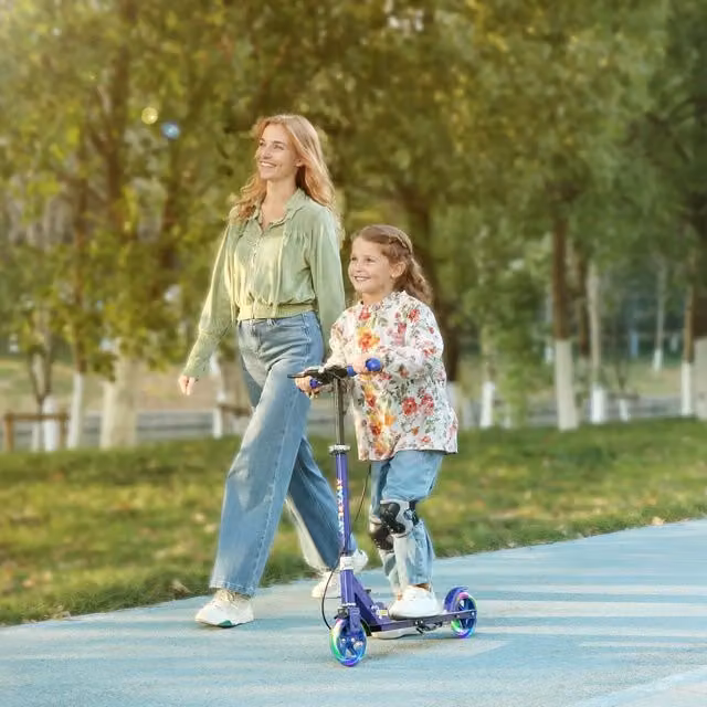 AIYAPLAY Foldable Scooter for Kids with Adjustable Handle and Light-up Wheels, Blue