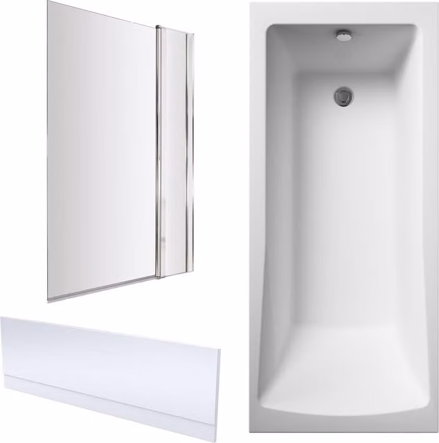 Balterley Square Rectangular Shower Bath Set in White with Chrome Fixed Screen and Apron, W: 170 cm, D: 75 cm