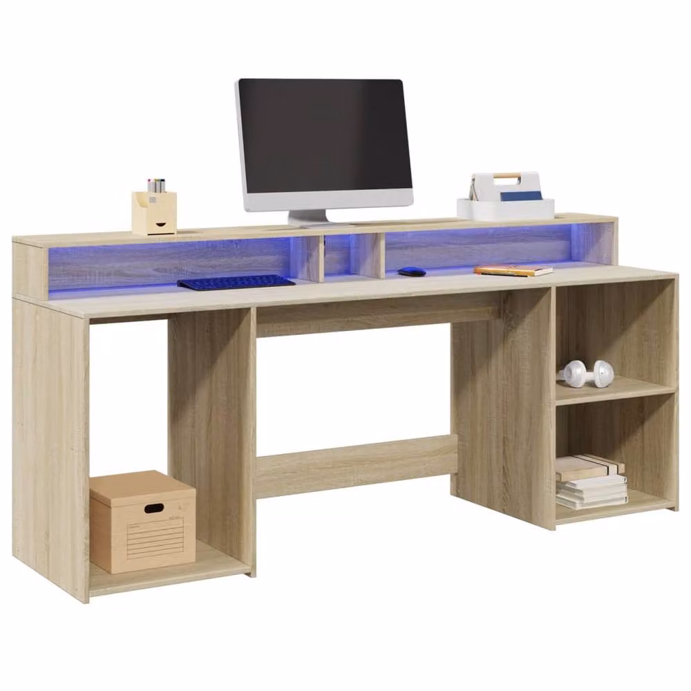 Berkfield Home Soft Gaming Desk with LED Lights in Natural Sonoma Oak, W/D/H: 200 x 55 x 91 cm – 2