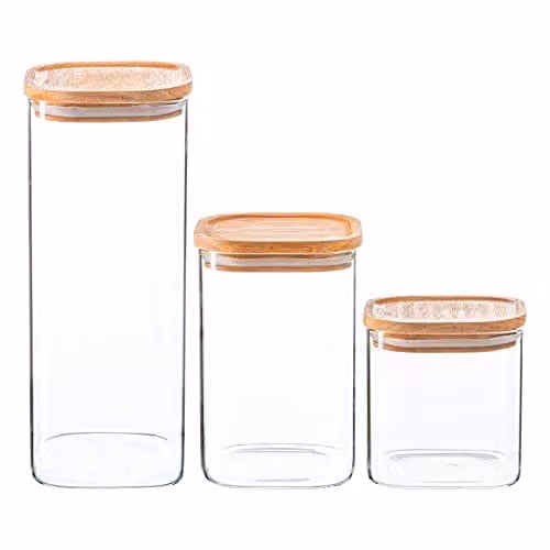 Argon Tableware Square Glass Storage Jar Set with Airtight Wooden Lids, Transparent
