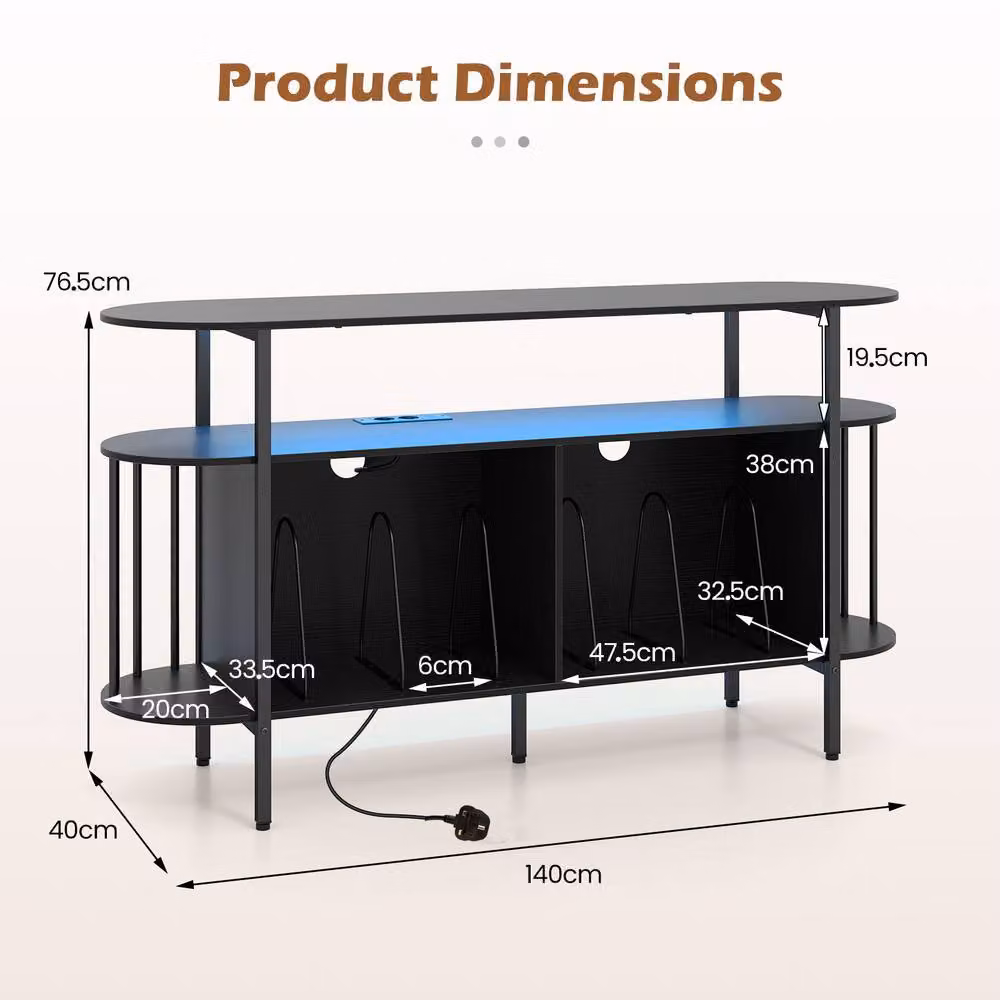 Gymax 3-Tier Black Metal Record Player Stand and Vinyl Cabinet with Integrated Lighting and Media Compartments – 2