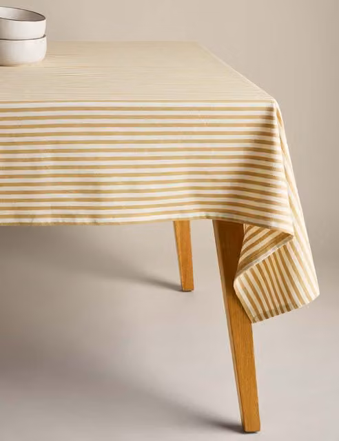 M&S Striped Cotton and Linen Rectangular Tablecloth in Yellow Ochre