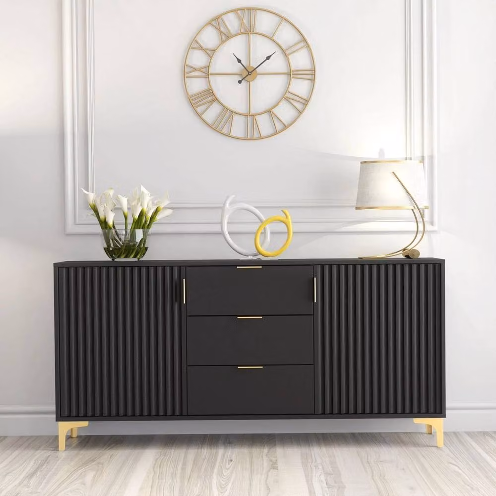 FORGEVIO Modern Black Wood TV Unit Sideboard Cabinet – 4