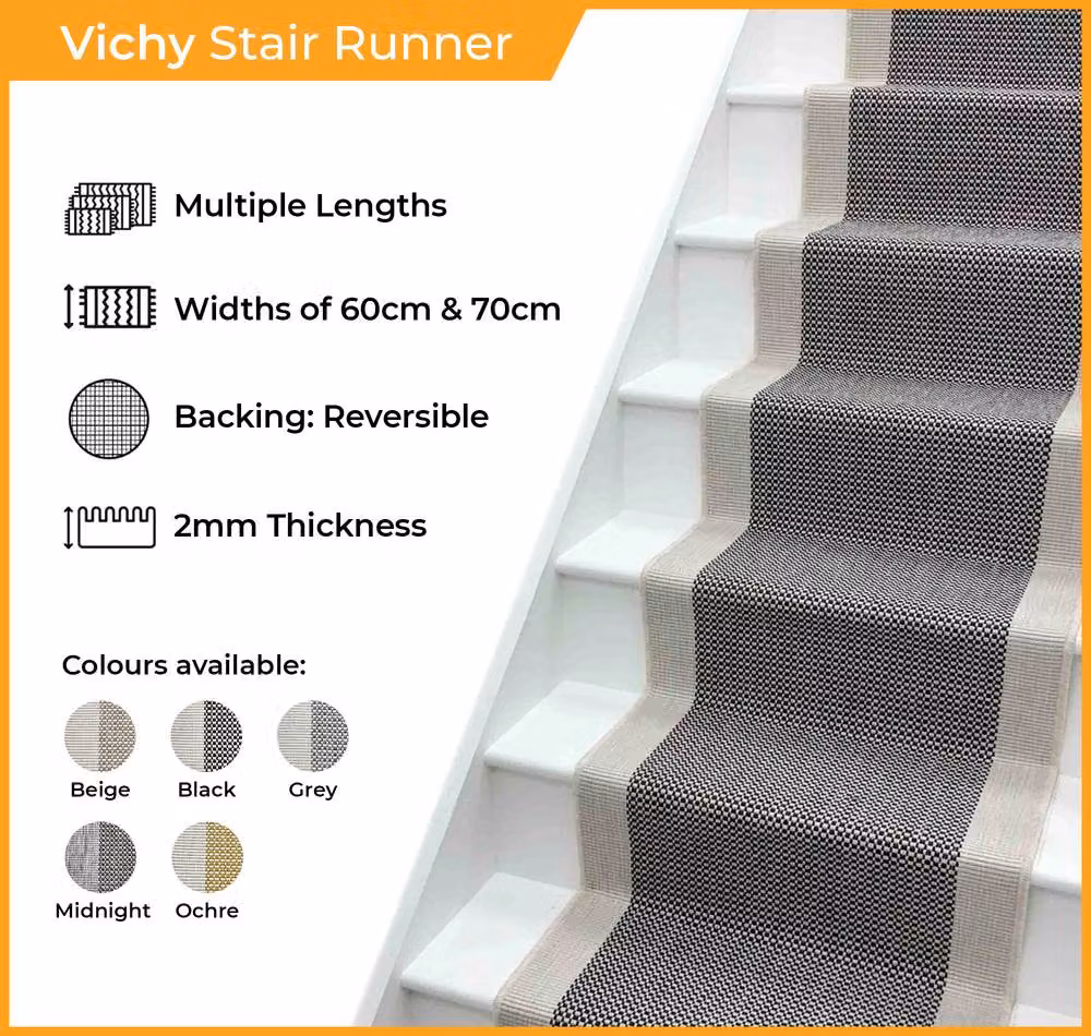runrug Vichy Reversible and Durable Stair Runner Carpet, Black, W: 60 cm, L: 540 cm – 2
