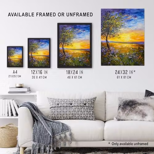 Artery8 Tree Wildflower Meadow at Sunset Oil Painting Poster Print, Multicolour, W: 45.72 cm, H: 60.96 cm – 3