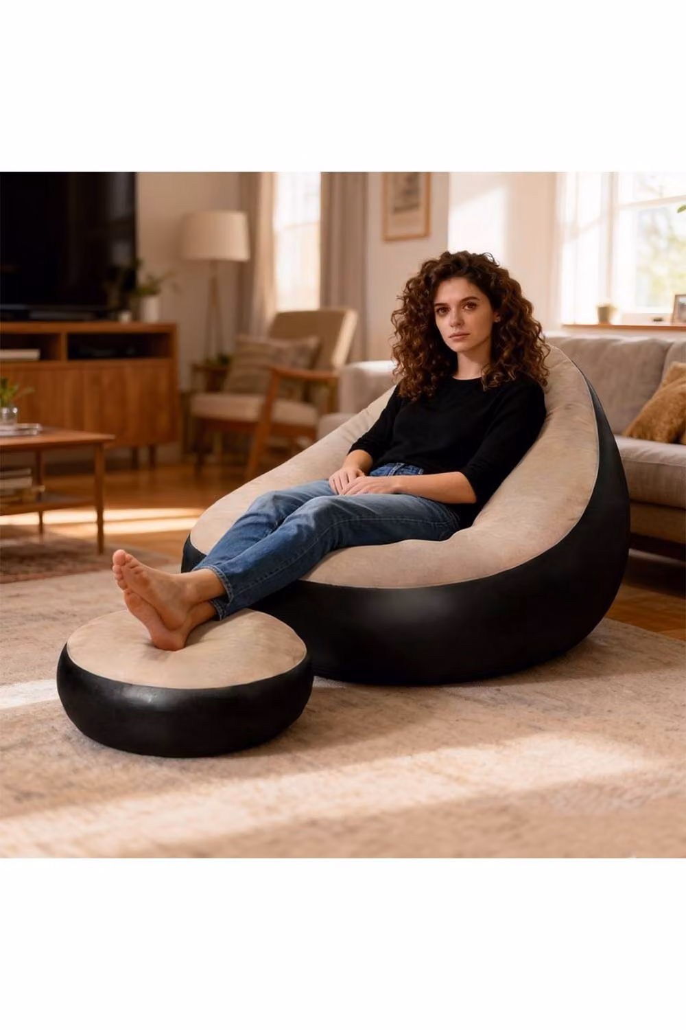 KDMD 2 Piece Inflatable Lounge Chair and Footstool Set for Gaming in Light Brown – 4