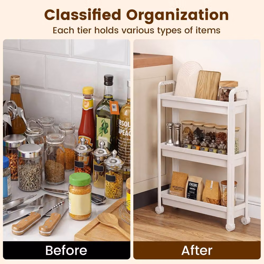 Costway 3-Tier Rolling Storage Cart Slim Bathroom and Kitchen Organiser in White – 5