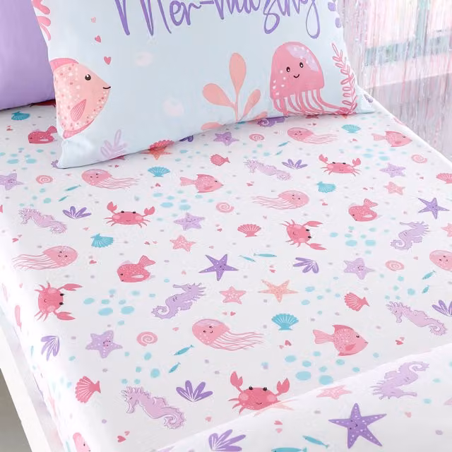 Bedlam Mermaid Vibes Single Fitted Cotton Bed Sheet in Aqua, W/D/H: 90 x 190 x 25 cm