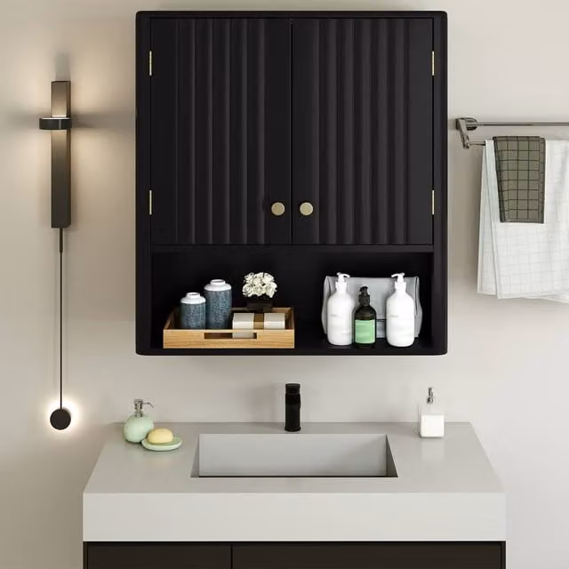 Costway Modern Fluted Black Wall Mounted Double Door Bathroom and Kitchen Cabinet with Internal Shelves – 1