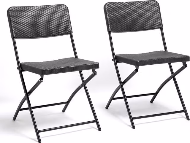 VonHaus Set of 2 Grey Rattan Effect Folding Garden Chairs with Black Metal Frame