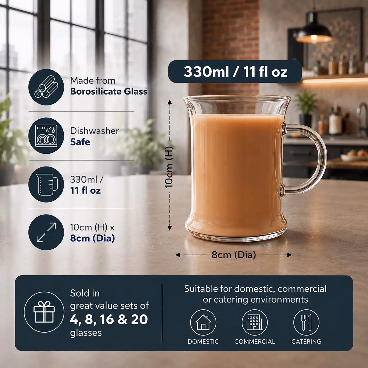 Randwyck Smilla Set of 8 Borosilicate Glass Coffee Cups, 330ml, Clear – 3