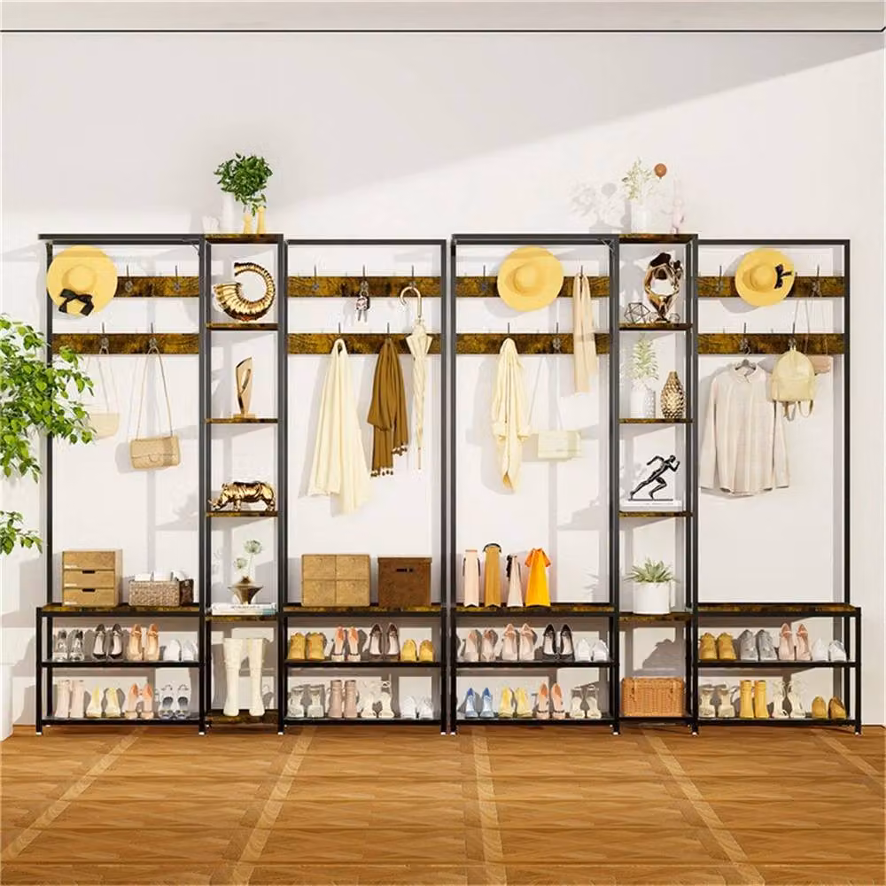 KORVIXA Industrial Hall Tree with Storage Bench and Shoe Rack, Brown, W: 120 cm, D: 40 cm, H: 146 cm – 5