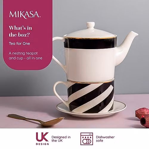 Mikasa Luxe Deco White and Gold Geometric Bone China Tea for One Set with Teapot and Infuser, 500ml – 2