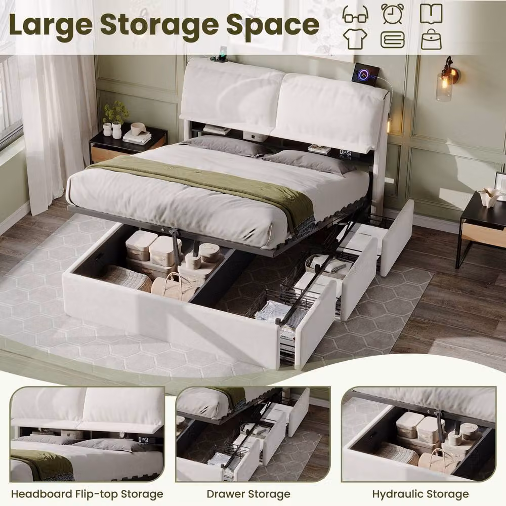 BTM 5ft King Velvet Hydraulic Bed with LED Lighting, USB Charging Ports and Storage Drawers in Cream White, W/D/H: 180 x 200 cm – 4