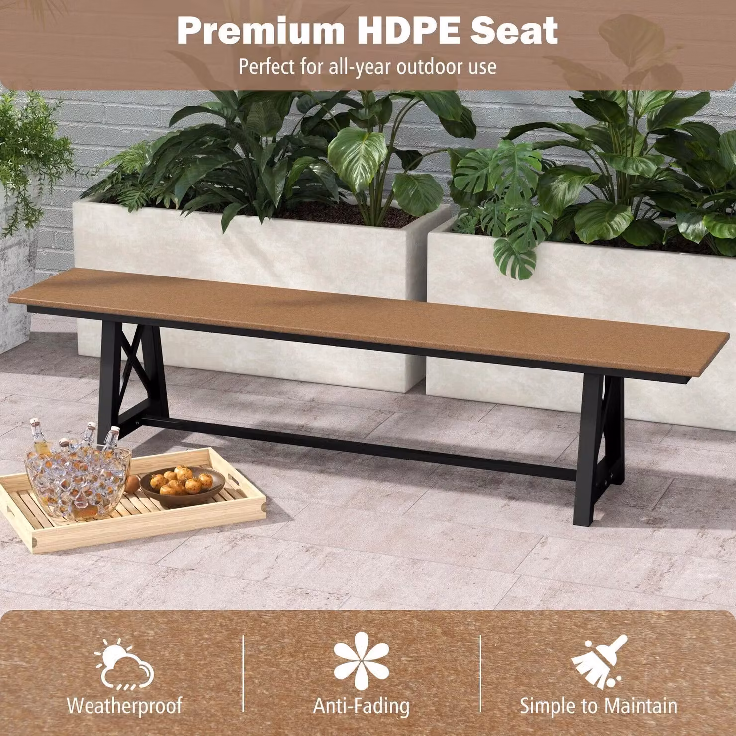 Costway Extra Long Outdoor Weatherproof Patio Bench in Brown, 183 cm – 4