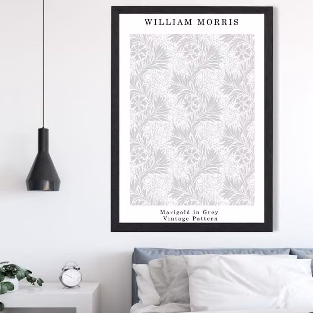 ARTZE William Morris Marigold Floral Art Print in Grey with Black Frame, A2 Size