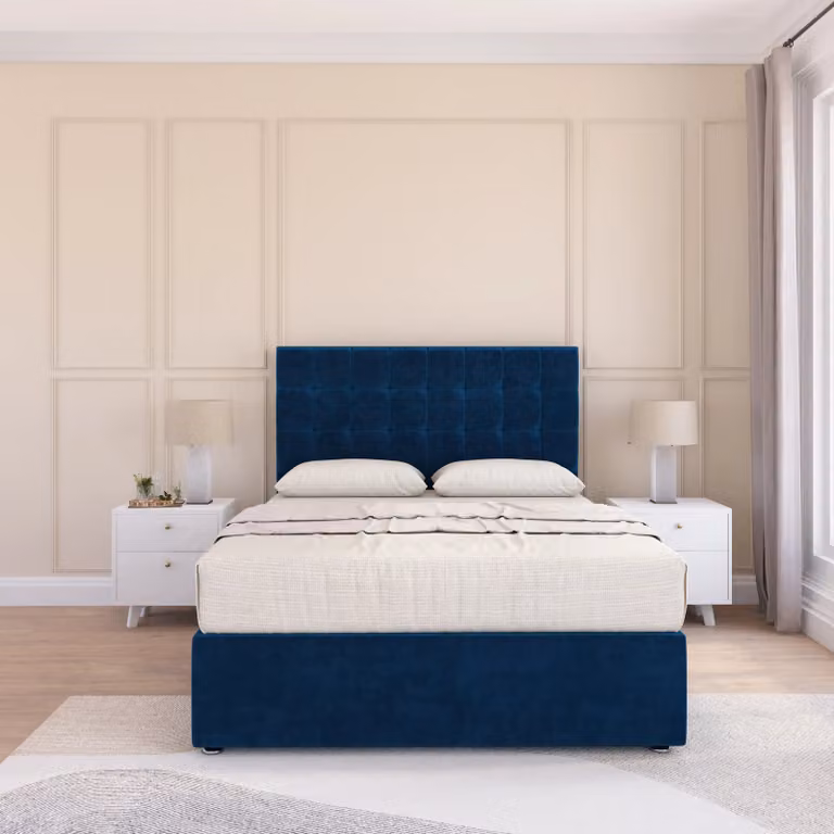 Sloomy Alabama Divan Bed Base and 26 inch Struts Headboard in Navy Blue Velvet, Super King, W/D/H: 200 x 200 cm
