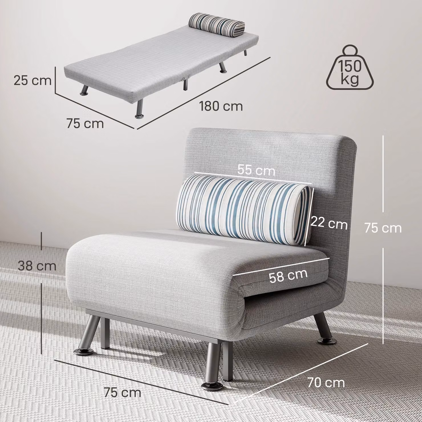 HOMCOM Single Folding Convertible Sleeper Chair Sofa Bed with Metal Frame in Grey – 3