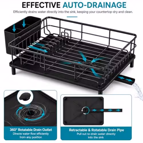 ATEK 1 Tier Stainless Steel Kitchen Dish Drainer Rack in Black with Cutlery Holder and Drip Tray – 6