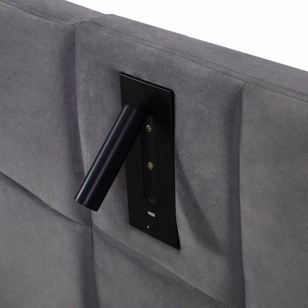 BTM Grey Velvet Double Bed with Hydraulic Storage, USB Charging Port and Integrated Reading Light – 6