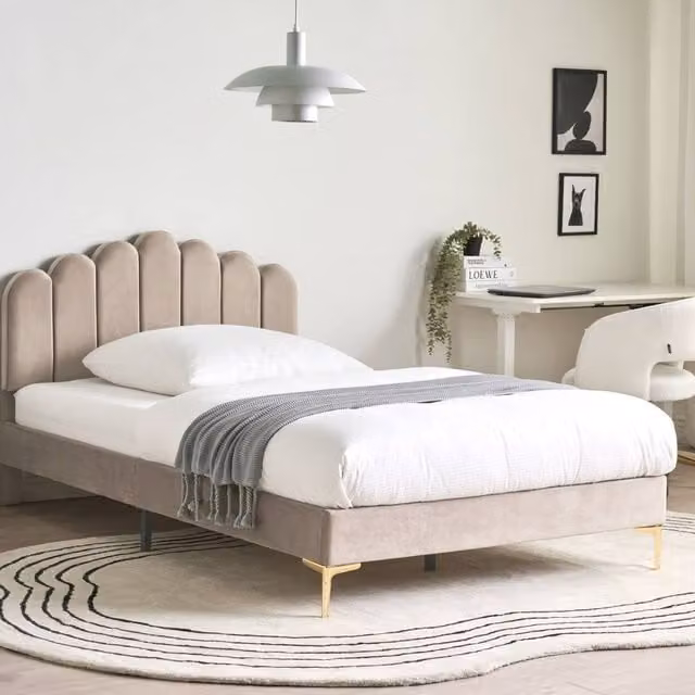 Wyld and Coco Velvet Small Double Bed in Beige with Adjustable Headboard and Slatted Base, W/D/H: 120 x 200 cm – 1