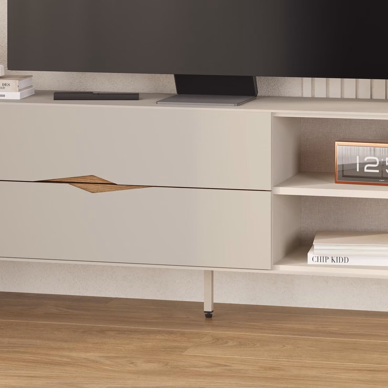 Decortie Marquise TV Unit with Drawer and Open Shelf in Sandstone Beige Wood, W/D/H: 150 x 35 x 56 cm – 2