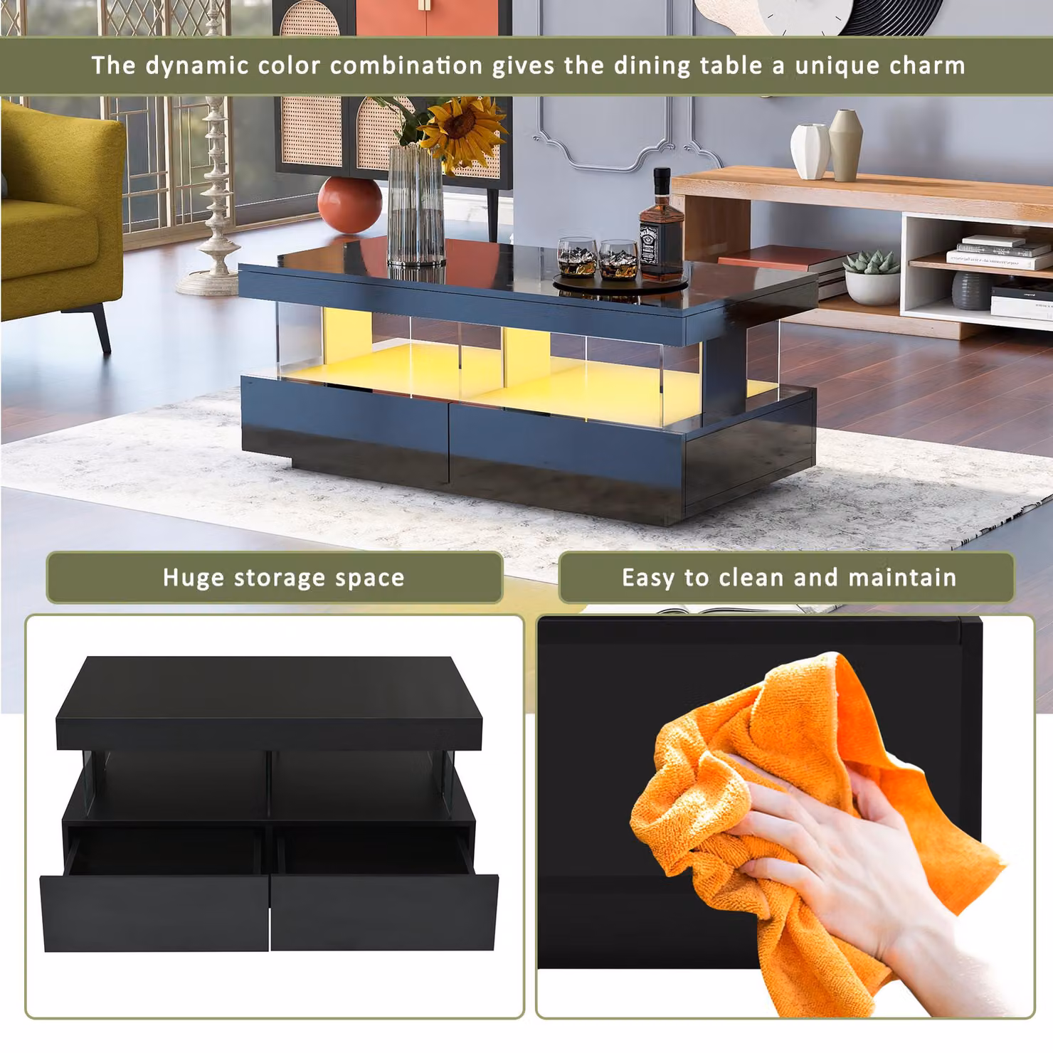 Aosom UK Modern Black Coffee Table with 2 Drawers, Open Storage and LED Lights, W: 100 cm, D: 60 cm, H: 49.5 cm – 2