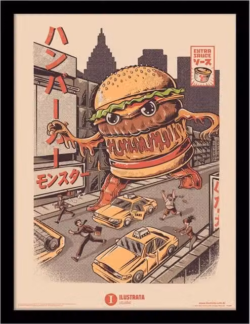 Ilustrata Burgerzilla Framed Multicolour Paper Poster in Grey – 1