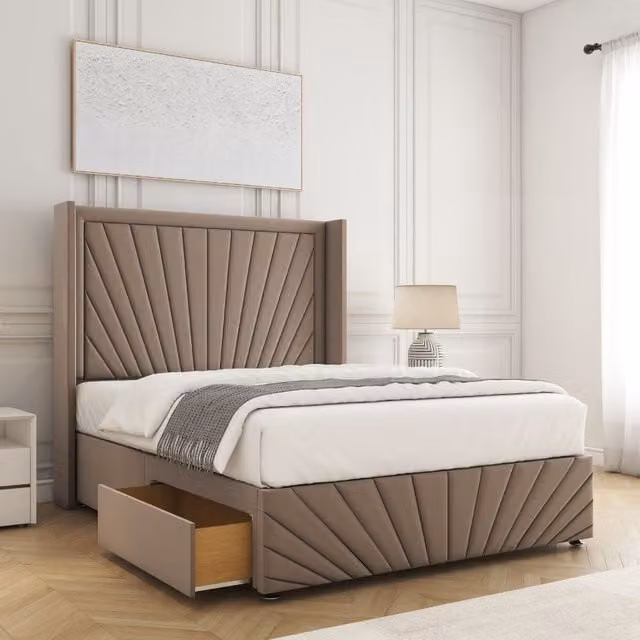 BSSPOKE Nola Double Divan Bed Set with 54 inch Plush Headboard, 2 Drawers, Footend and Mattress in Bronze Velvet Fabric, W/D/H: 140 x 200 cm