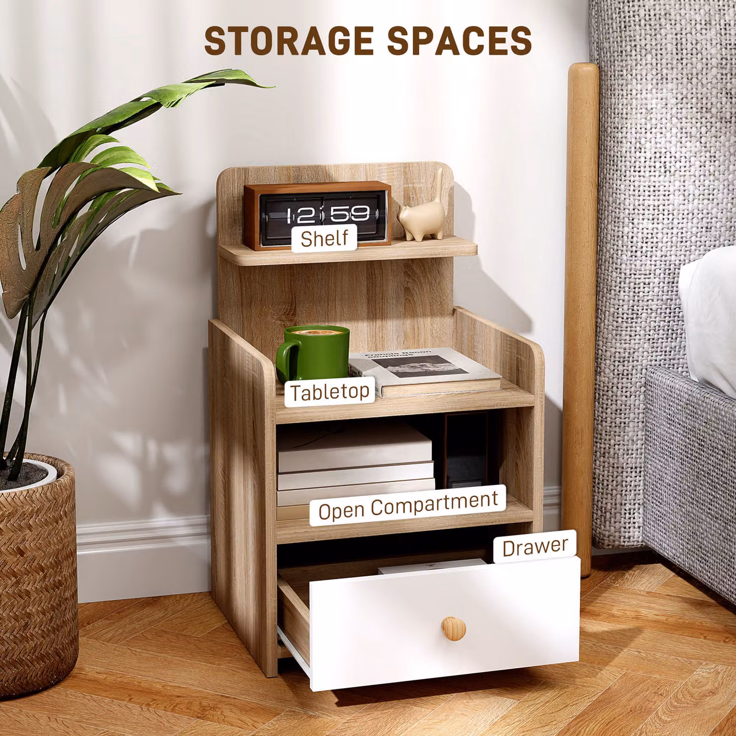 HOMCOM Scandinavian Multi-Storage Bedside Table in White and Wood-Effect MDF – 4