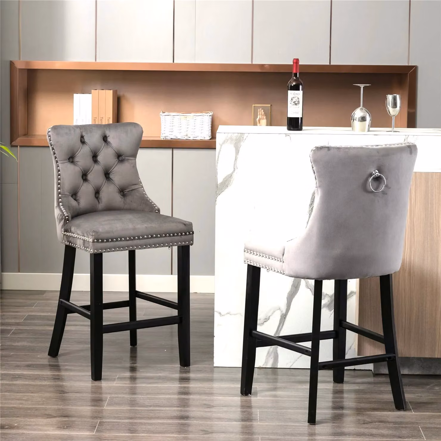 HomeTouch Lux Set of 4 Grey Velvet Upholstered Bar Stools for Kitchen Counters – 4