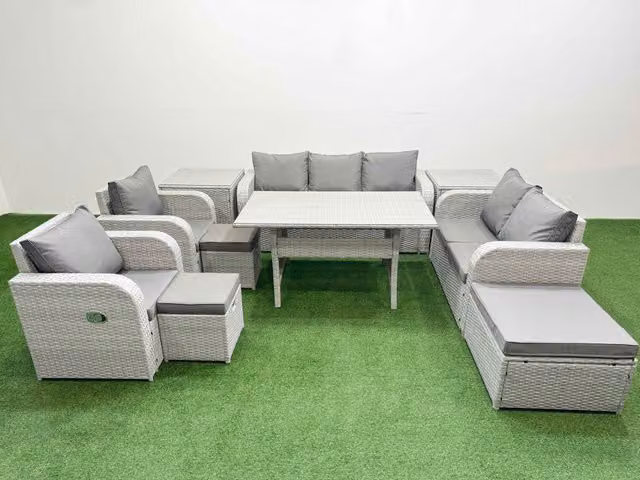 Fimous Grey PE Rattan Garden Furniture Set with Reclining Chairs, Double Love Seat, Rectangular Dining Table, 3 Stools and 2 Side Tables