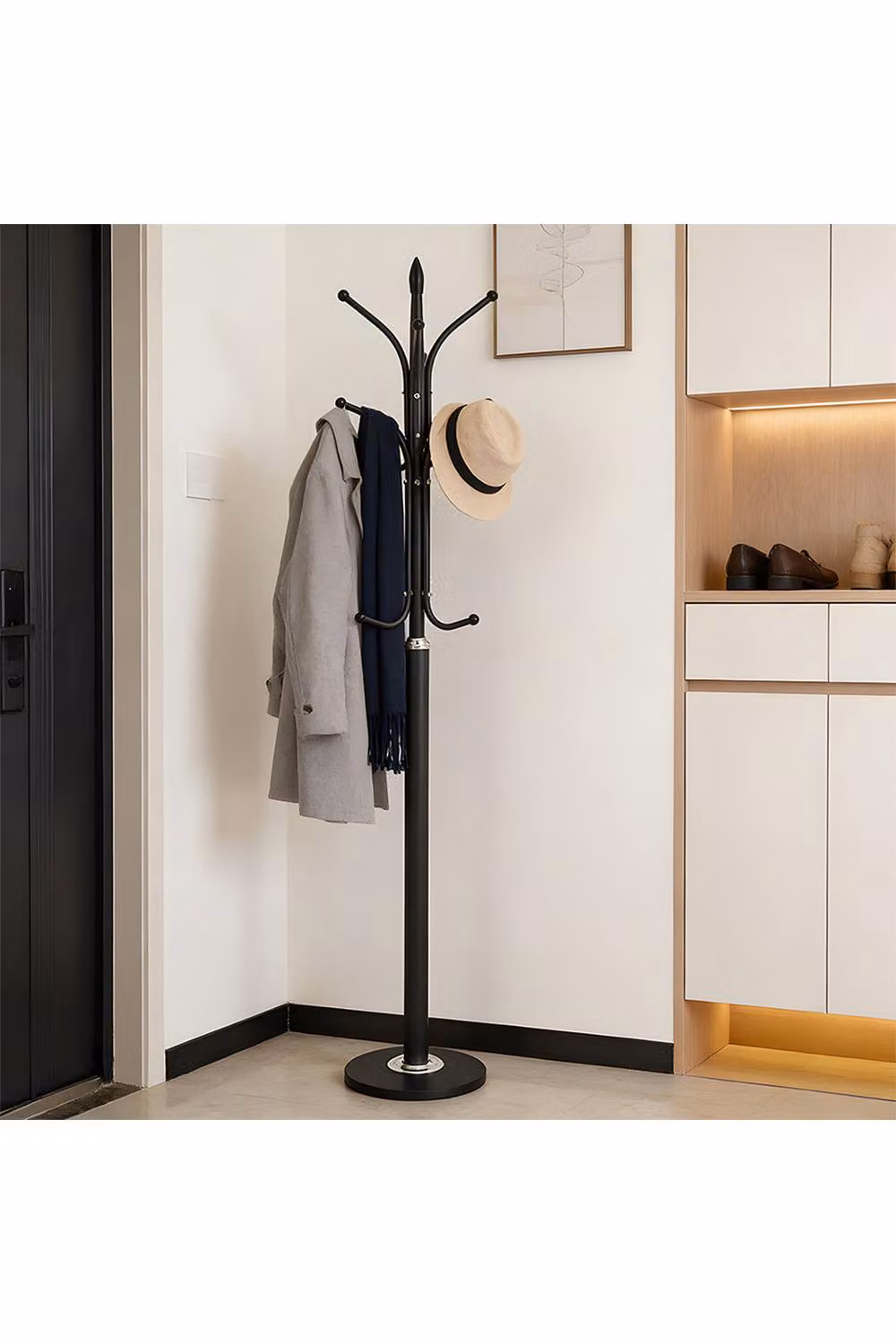 Living and Home Modern Matt Black Metal and Stone Freestanding Post Tree Coat Rack, H 174.5 cm x W 30.0 cm x D 12.0 cm – 3