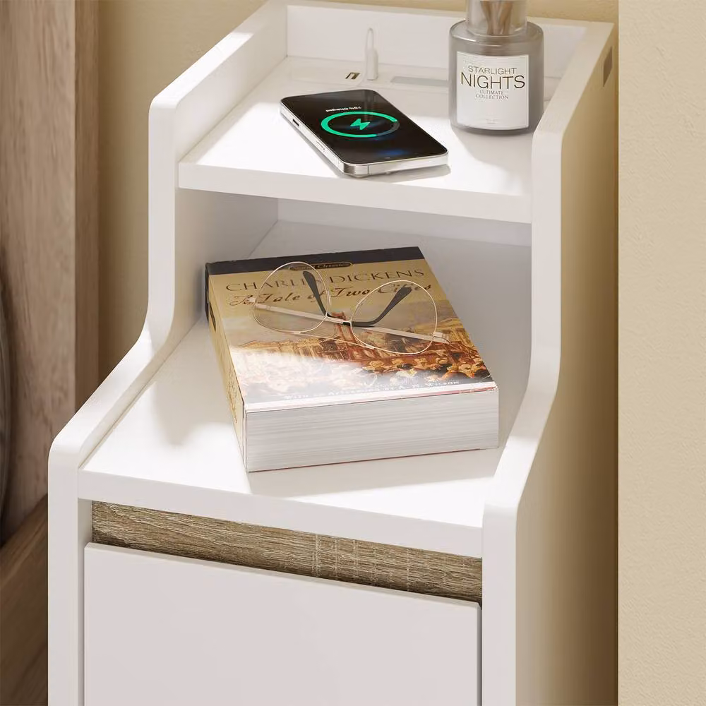 SoBuy Slim Nightstand with USB and Wireless Charging in White – 3