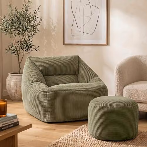 icon Natalia Cord Bean Bag Chair and Footstool with Filling, Green – 2