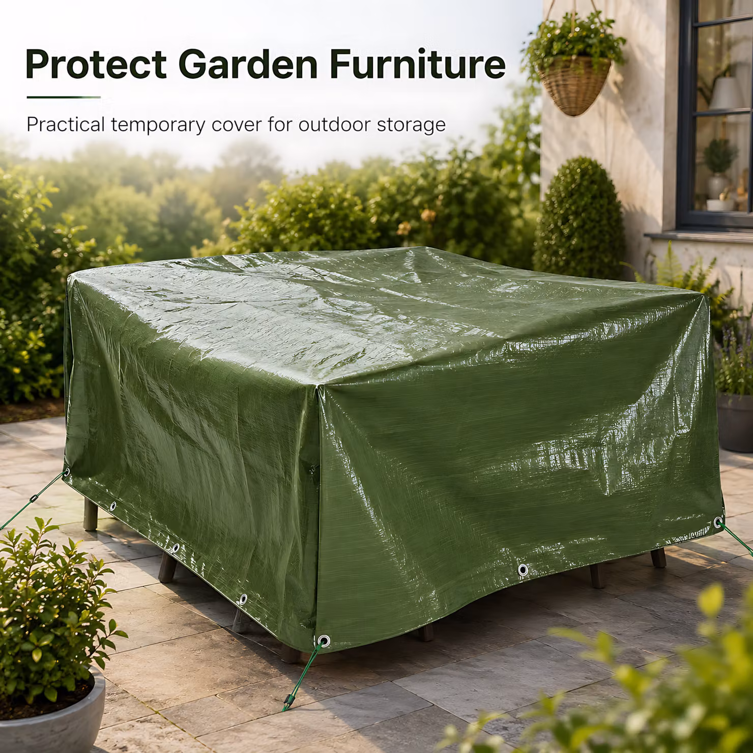 SolaDirect Heavy-Duty Waterproof Green Tarpaulin with 10m Elastic Tie Rope, 90gsm, W 4 m x D 3 m – 3