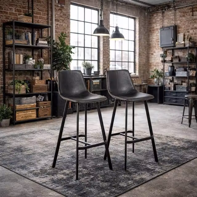Wyld Haus Set of 2 Bogense Black Faux Leather Bar Stools with Cream Zig Zag Stitching