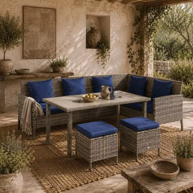 Wyld Haus Noro 5 Piece Mixed Grey Rattan Outdoor Dining Set with Dark Blue Cushions – 1