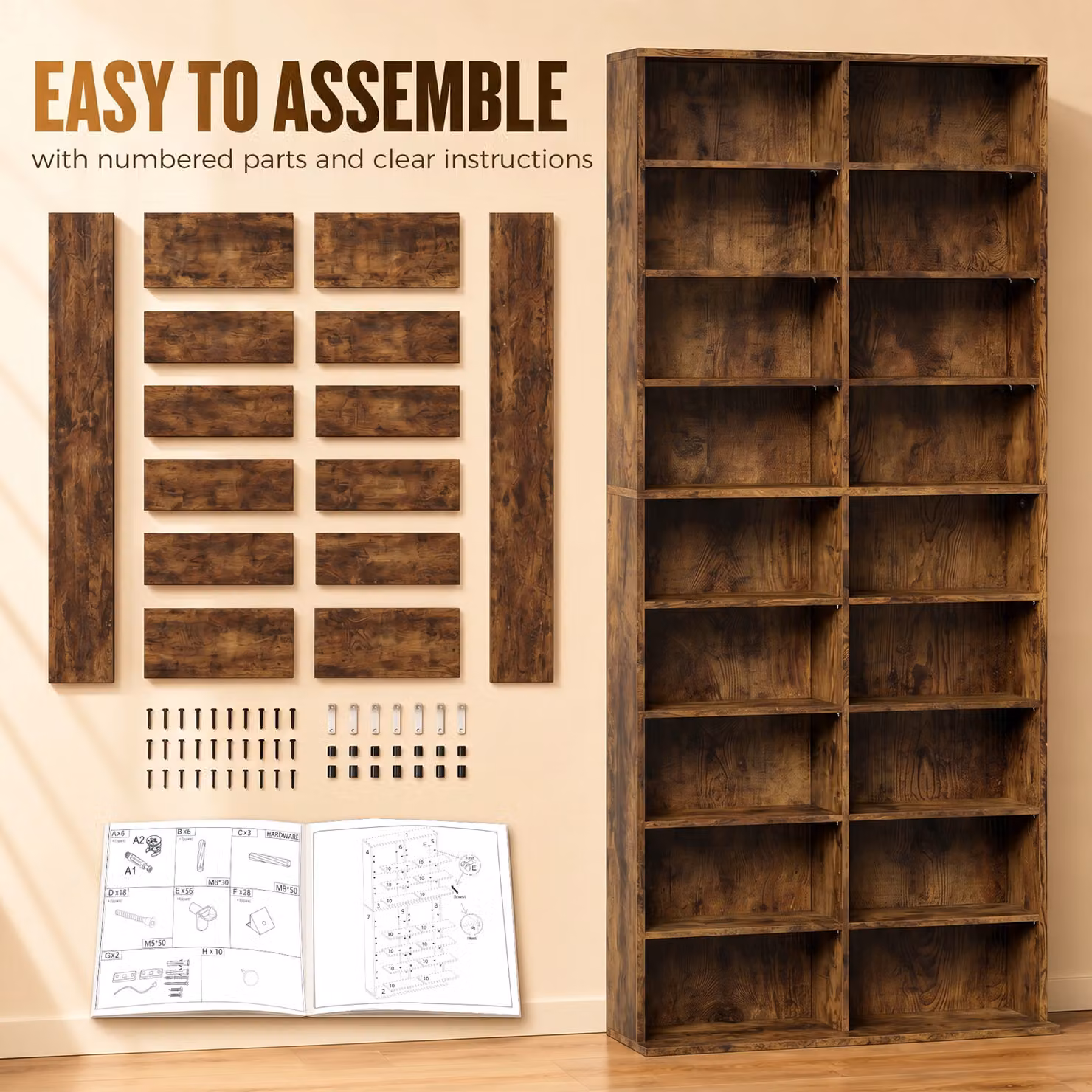 HOMCOM 640 CD Storage Tower in Rustic Brown with Adjustable Shelves and Media Compartments, H 175.0 x W 78.5 x D 26.0 cm – 7