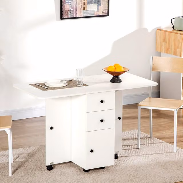 HOMCOM White Folding Dining Table with Drop Leaf, Drawers, Cabinet and Open Shelving