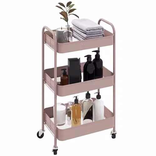 HOMCOM 3-Tier Rolling Utility Storage Trolley with Mesh Baskets in Pink, W/D/H: 45 x 30.6 x 79 cm – 1