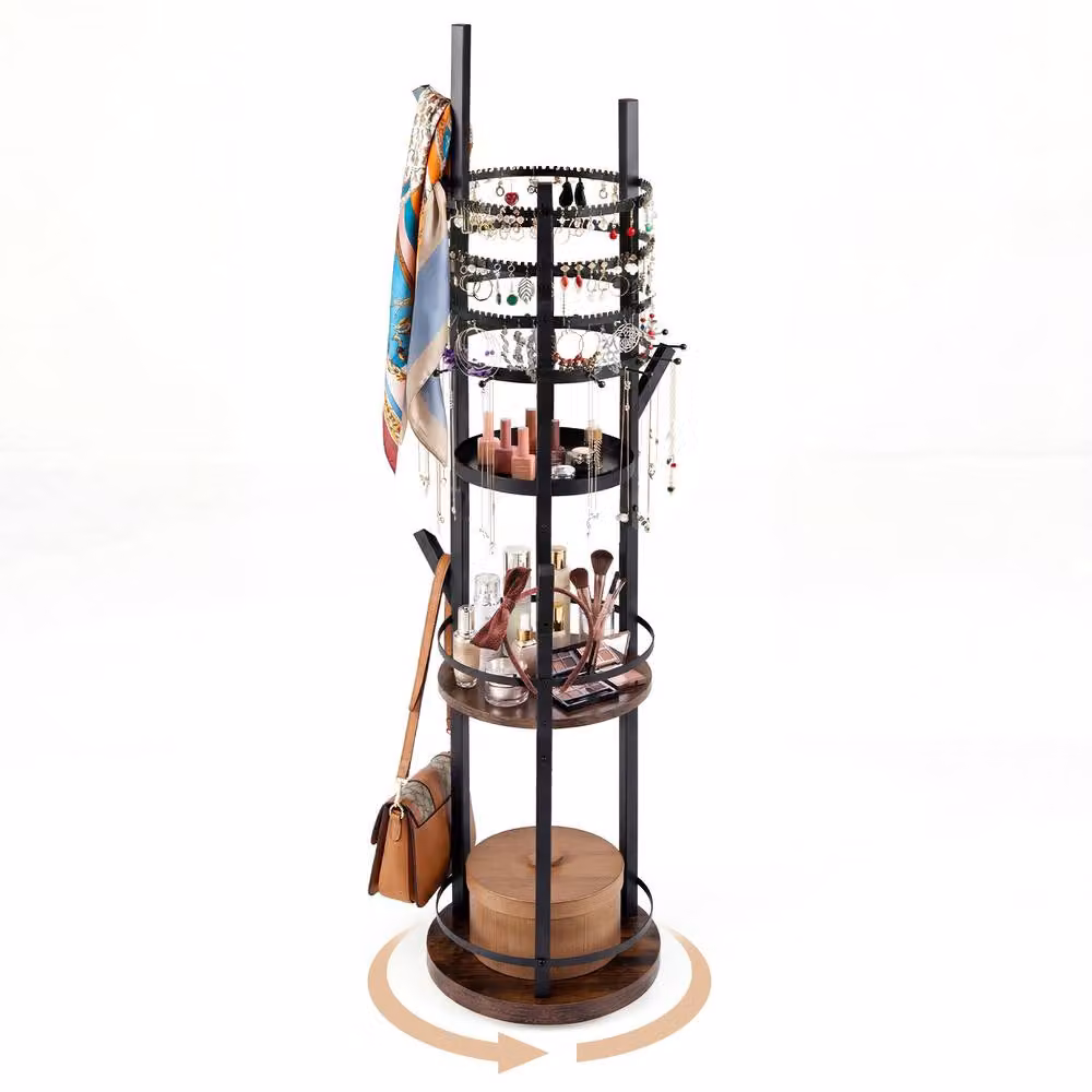 Costway Rotating Jewelry Display Tower with Earring and Necklace Holder in Brown – 2